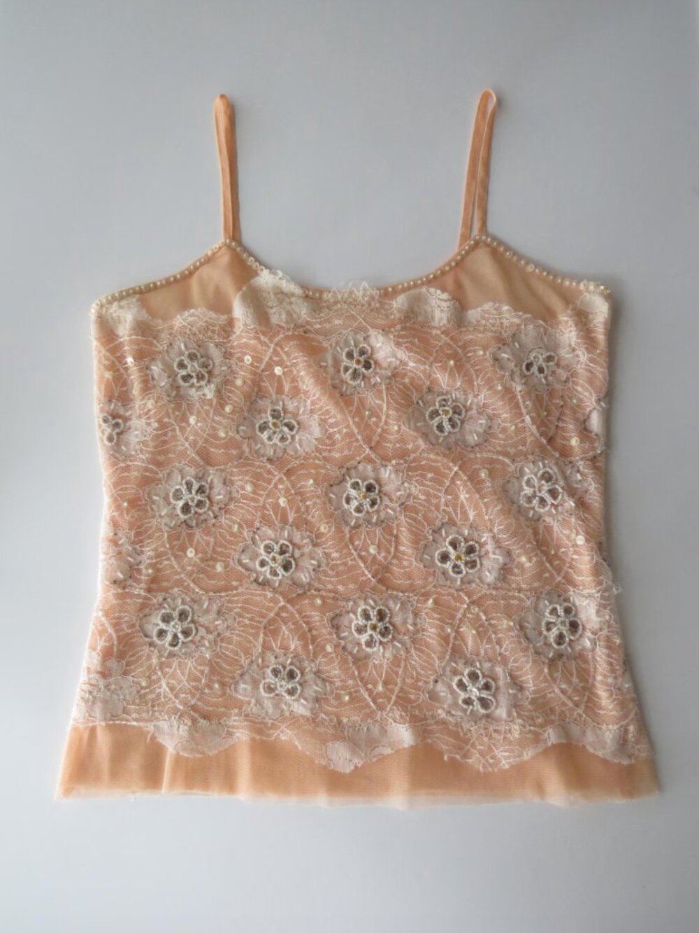 90s Vintage Italian Beaded Peach Lace Embroidered Camisole Motivi